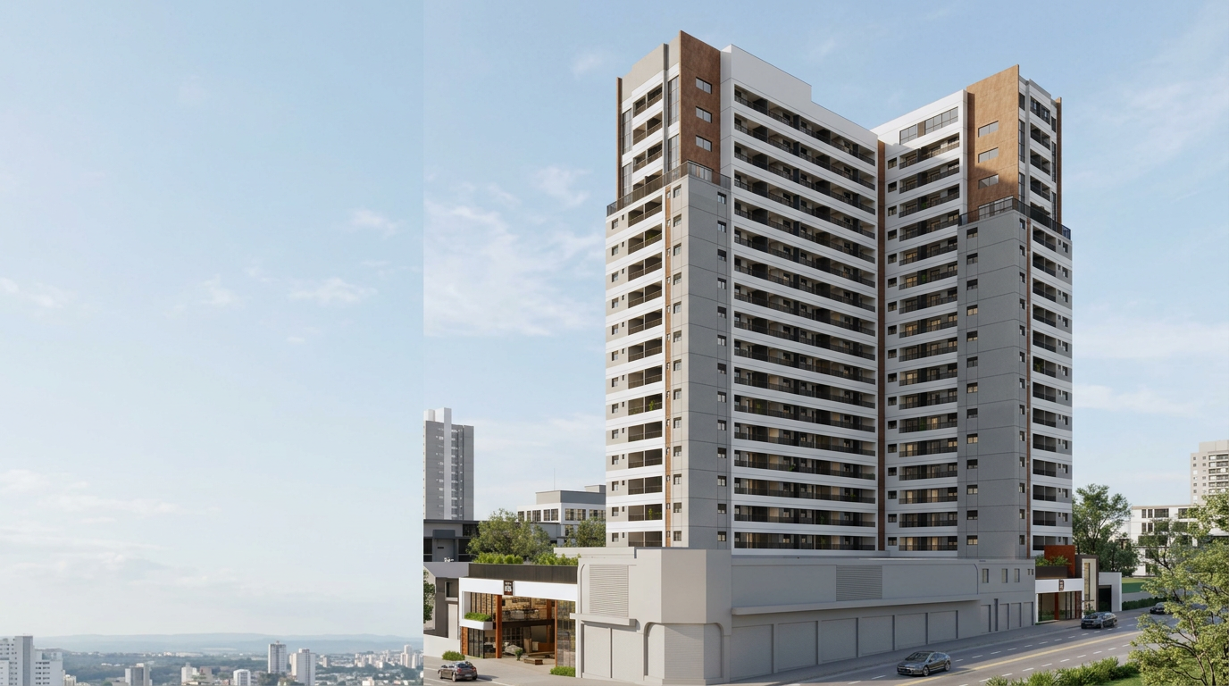 Perspectiva da fachada do Smart Mix Santana com tonalidade equilibrada
